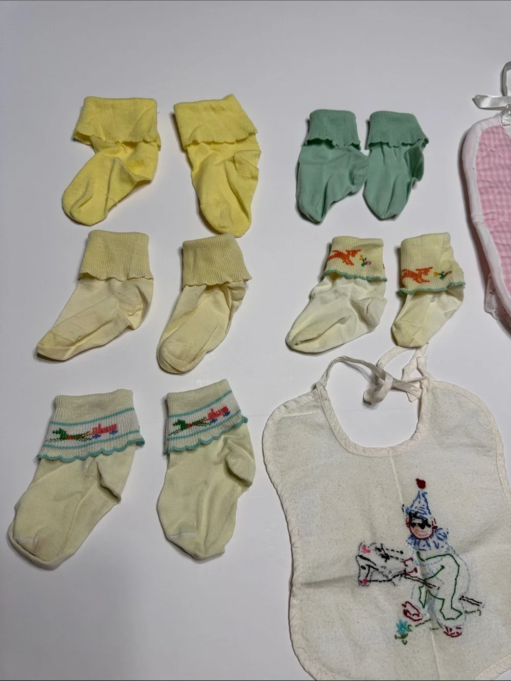 Assorted Vintage Baby Bibs and Socks Set - Pink, White, Yellow, Green